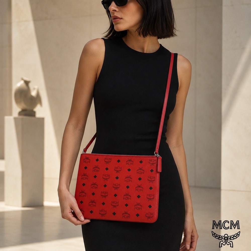 MCM Red Visetos Monogram Coated Canvas Crossbody Bag Silver Hardware